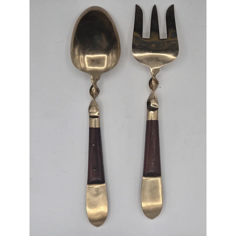 Teak Wood & Brass Spoon Fork Thailand Buddha‎ SIAM Vintage